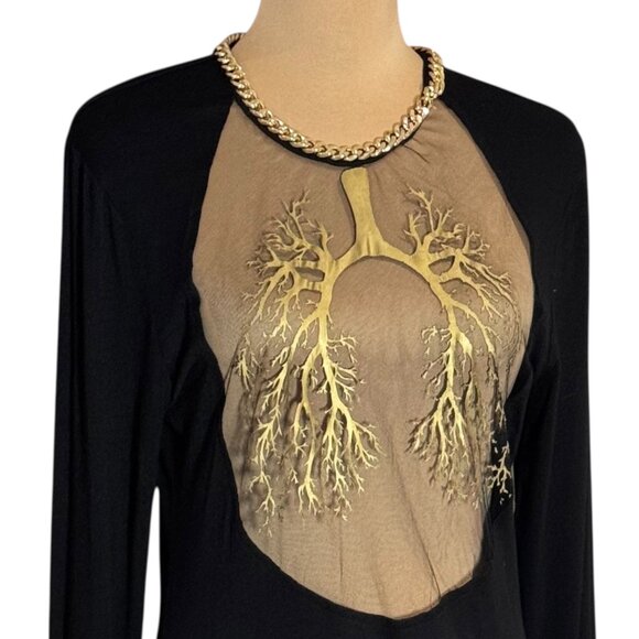 Black Gothic Maxi Dress Sz L Gold Print Sheer Front Long Sleeve Witchy Edgy - Picture 4 of 10